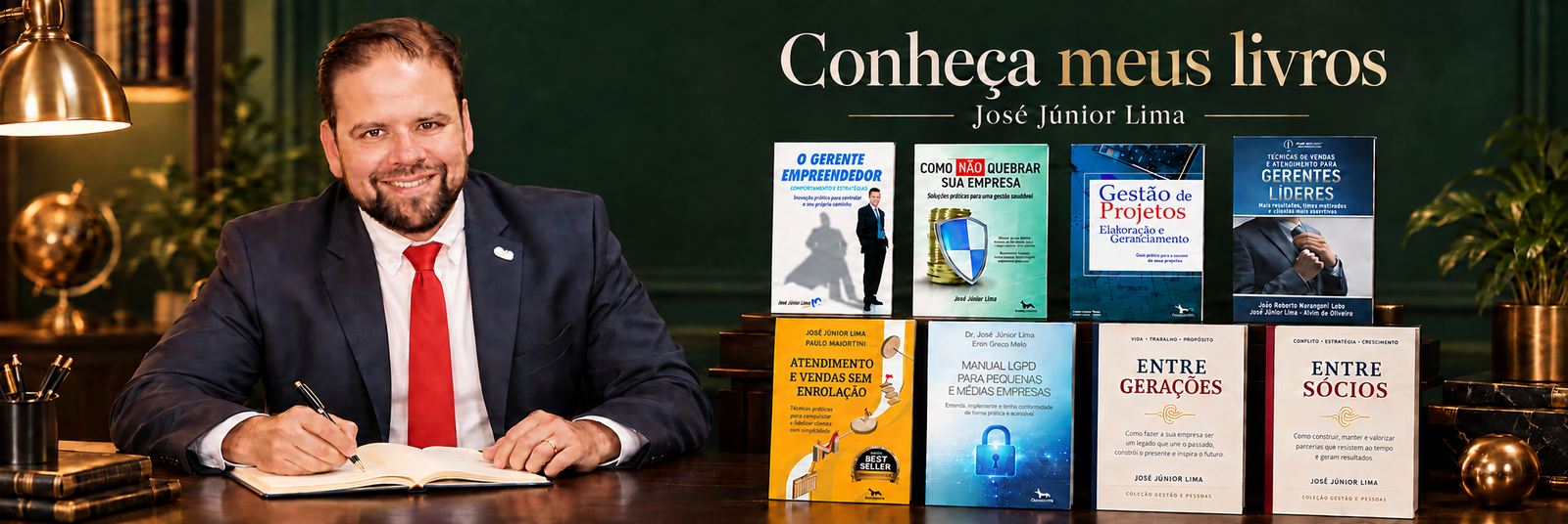 Composição ilustrativa de José Júnior Lima escrevendo, acompanhado de seus oito livros. Conheça meus livros.